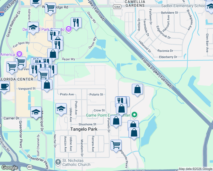 map of restaurants, bars, coffee shops, grocery stores, and more near 6803 Pomelo Drive in Orlando