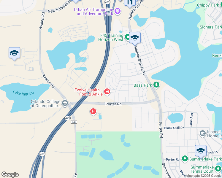 map of restaurants, bars, coffee shops, grocery stores, and more near 15573 Honeybell Drive in Winter Garden