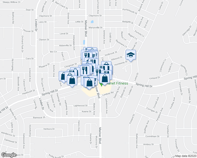 map of restaurants, bars, coffee shops, grocery stores, and more near 11124 Spring Hill Drive in Spring Hill