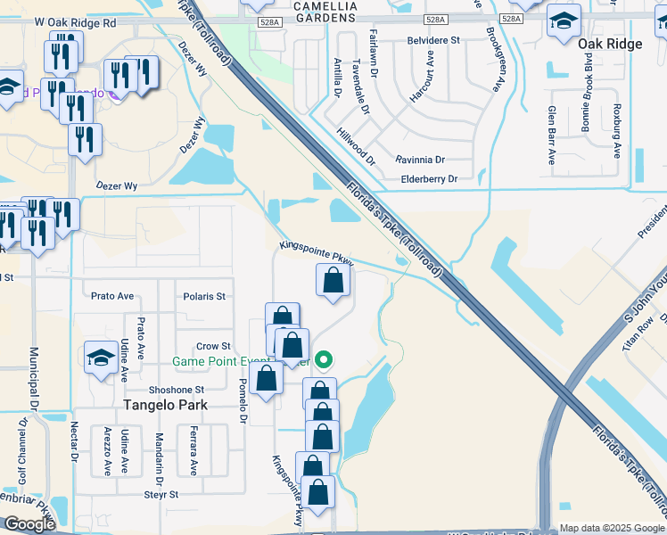 map of restaurants, bars, coffee shops, grocery stores, and more near 6979 Kingspointe Parkway in Orlando