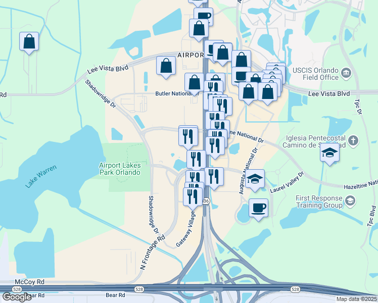 map of restaurants, bars, coffee shops, grocery stores, and more near 5445 Forbes Place in Orlando