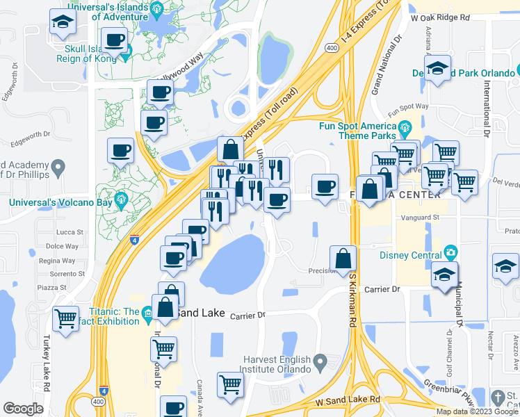 map of restaurants, bars, coffee shops, grocery stores, and more near 7000 Universal Boulevard in Orlando