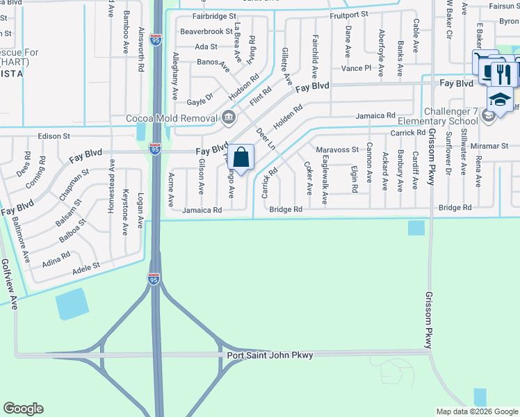 map of restaurants, bars, coffee shops, grocery stores, and more near 5709 Jamaica Road in Cocoa