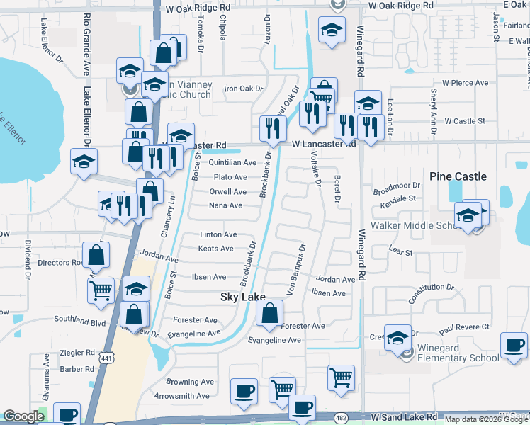 map of restaurants, bars, coffee shops, grocery stores, and more near 900 Marlowe Avenue in Orlando
