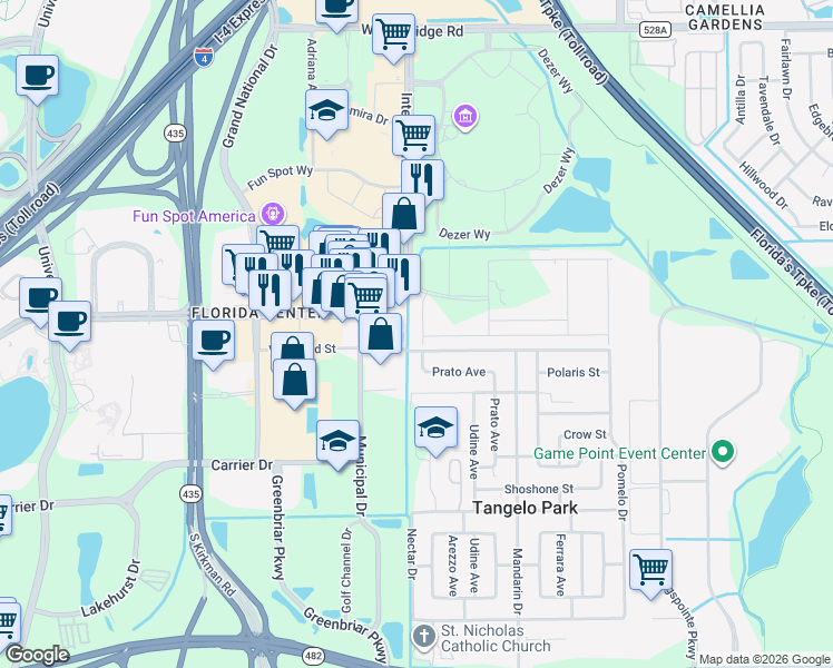 map of restaurants, bars, coffee shops, grocery stores, and more near 5136 Polaris Street in Orlando