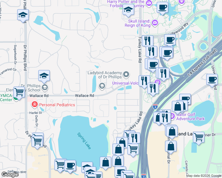 map of restaurants, bars, coffee shops, grocery stores, and more near 6980 Brescia Way in Orlando