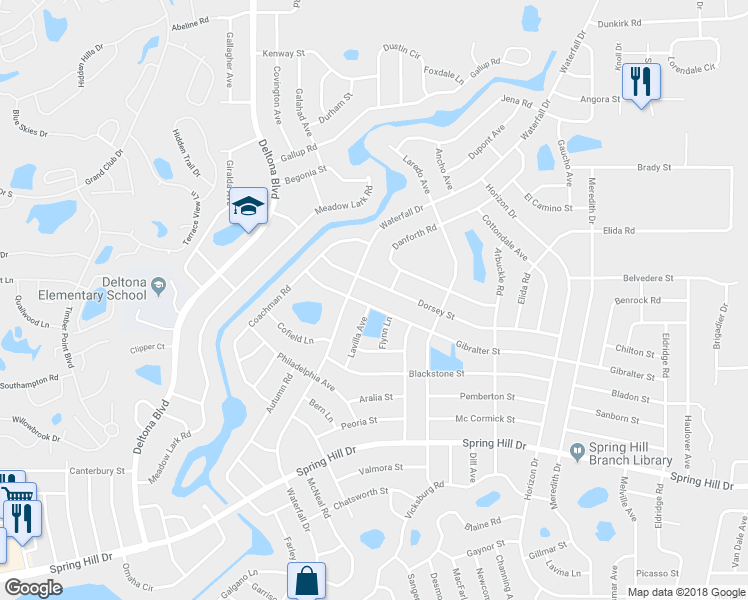 map of restaurants, bars, coffee shops, grocery stores, and more near 8429 Gibralter Street in Spring Hill