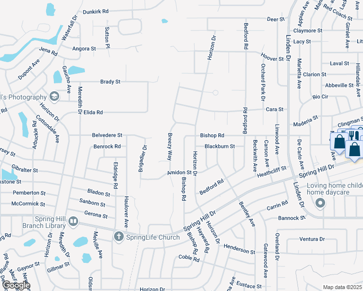 map of restaurants, bars, coffee shops, grocery stores, and more near 2079 Bishop Road in Spring Hill