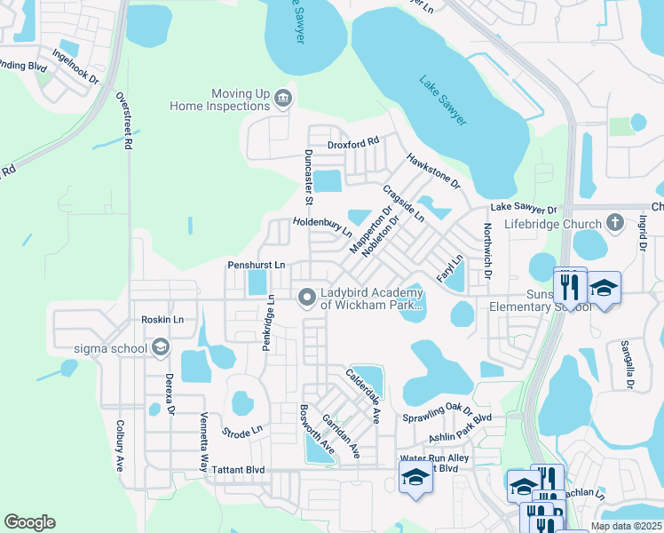 map of restaurants, bars, coffee shops, grocery stores, and more near 12866 Penshurst Lane in Windermere