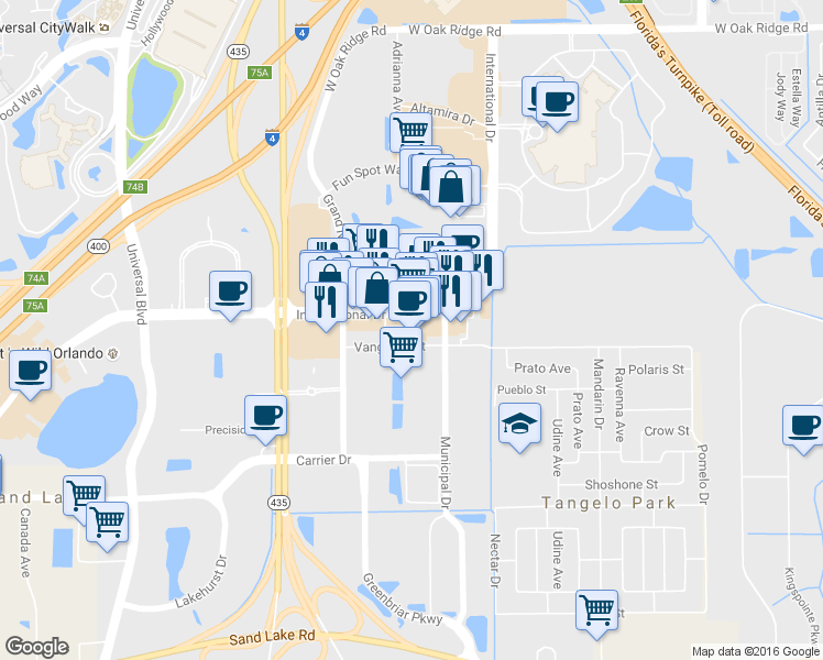 map of restaurants, bars, coffee shops, grocery stores, and more near 5430 International Drive in Orlando