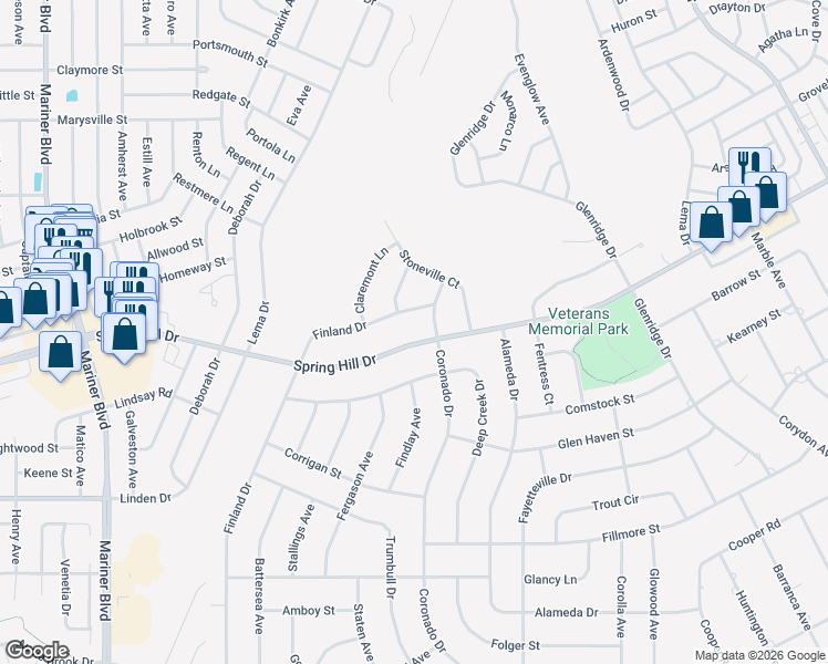 map of restaurants, bars, coffee shops, grocery stores, and more near 12170 Coronado Drive in Spring Hill