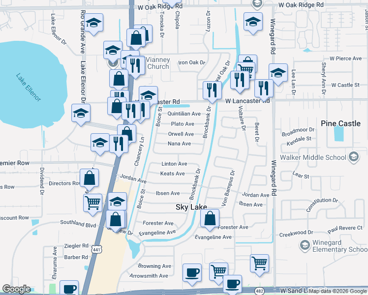 map of restaurants, bars, coffee shops, grocery stores, and more near 1004 Orwell Ave in Orlando
