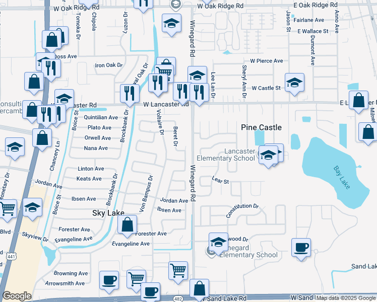 map of restaurants, bars, coffee shops, grocery stores, and more near 6529 Precourt Drive in Orlando