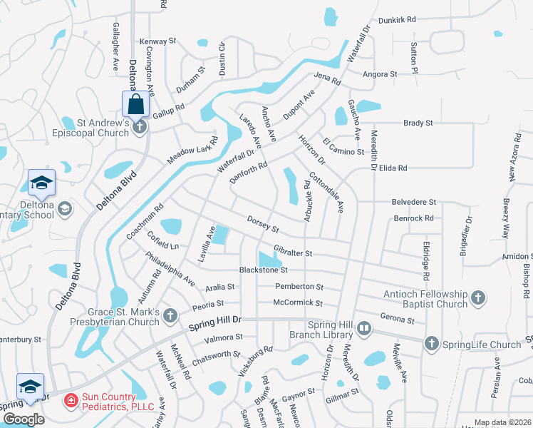 map of restaurants, bars, coffee shops, grocery stores, and more near 2160 Danforth Road in Spring Hill