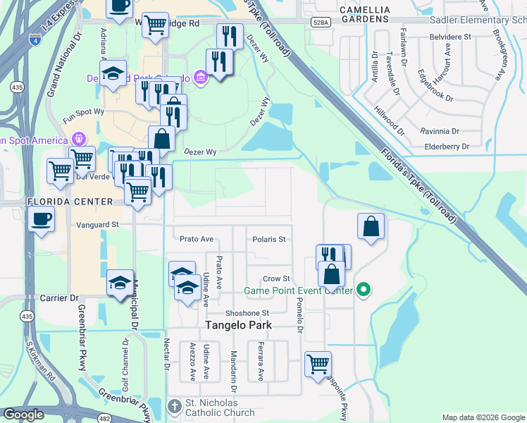 map of restaurants, bars, coffee shops, grocery stores, and more near 4902 Vanguard St in Orlando