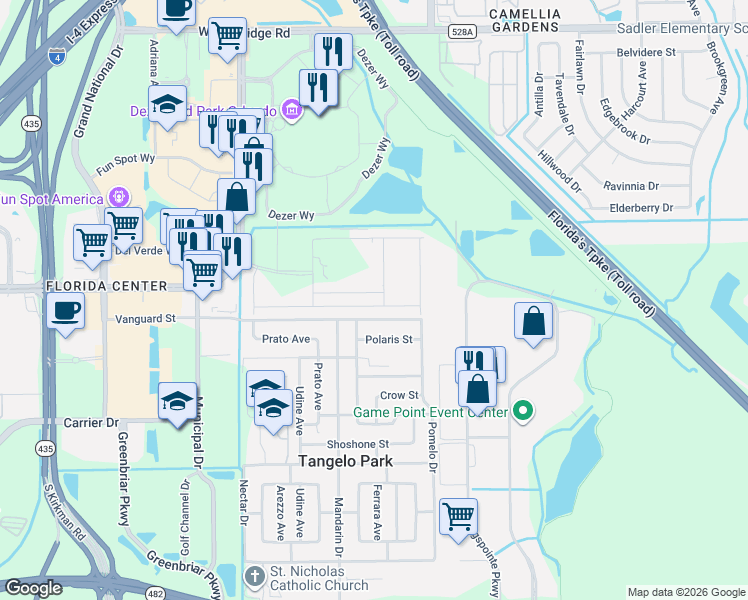 map of restaurants, bars, coffee shops, grocery stores, and more near 4902 Vanguard St in Orlando