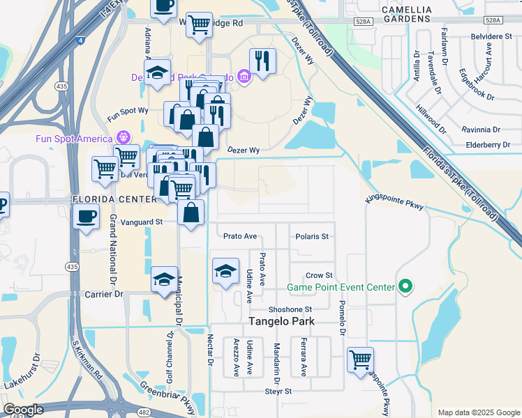 map of restaurants, bars, coffee shops, grocery stores, and more near 5001 Vanguard Street in Orlando