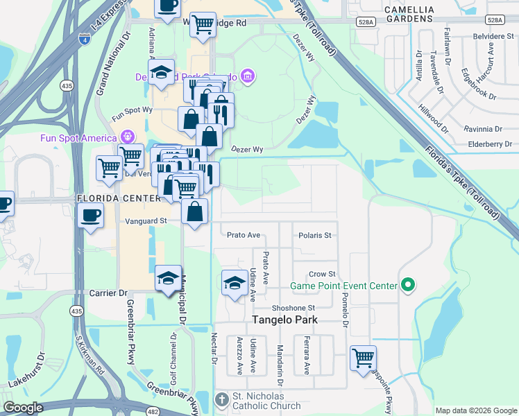 map of restaurants, bars, coffee shops, grocery stores, and more near 5001 Vanguard Street in Orlando