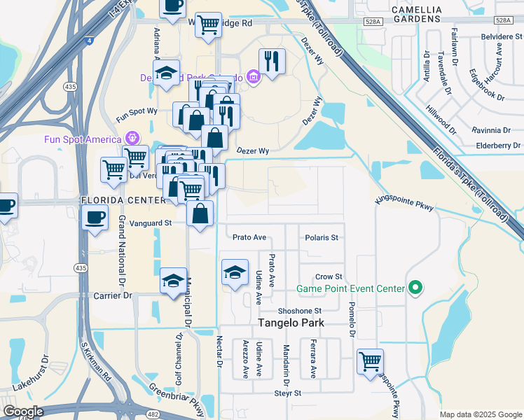 map of restaurants, bars, coffee shops, grocery stores, and more near 5001 Vanguard Street in Orlando