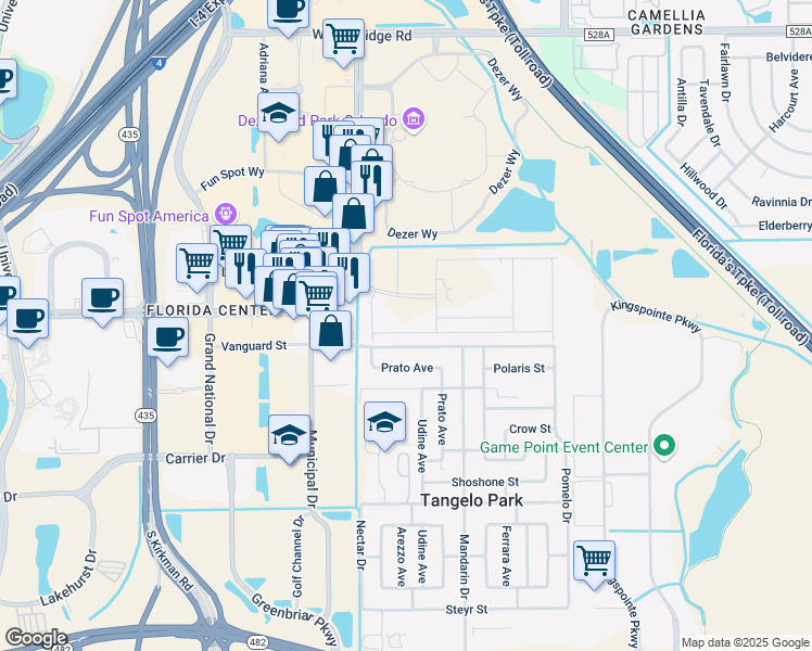 map of restaurants, bars, coffee shops, grocery stores, and more near 5100 Vanguard Street in Orlando