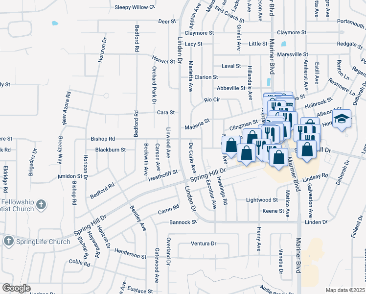 map of restaurants, bars, coffee shops, grocery stores, and more near 2400 Bishop Road in Spring Hill