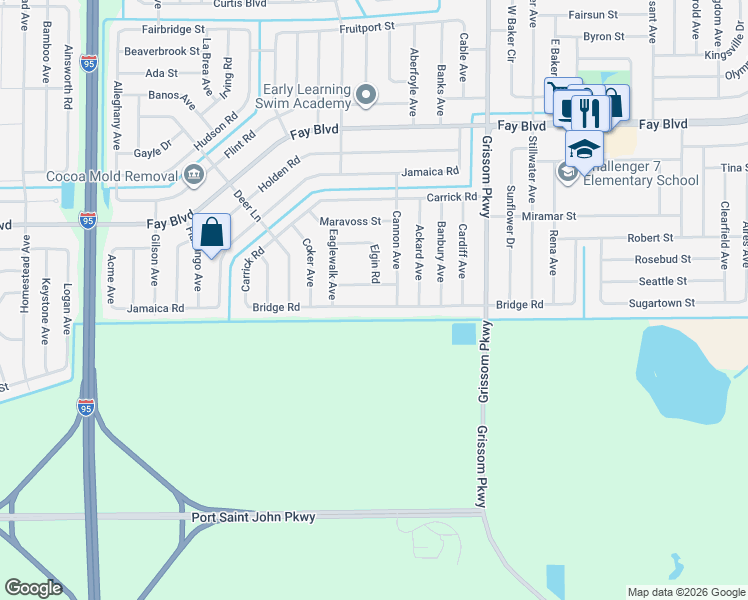 map of restaurants, bars, coffee shops, grocery stores, and more near 5240 Sanbourne Street in Cocoa