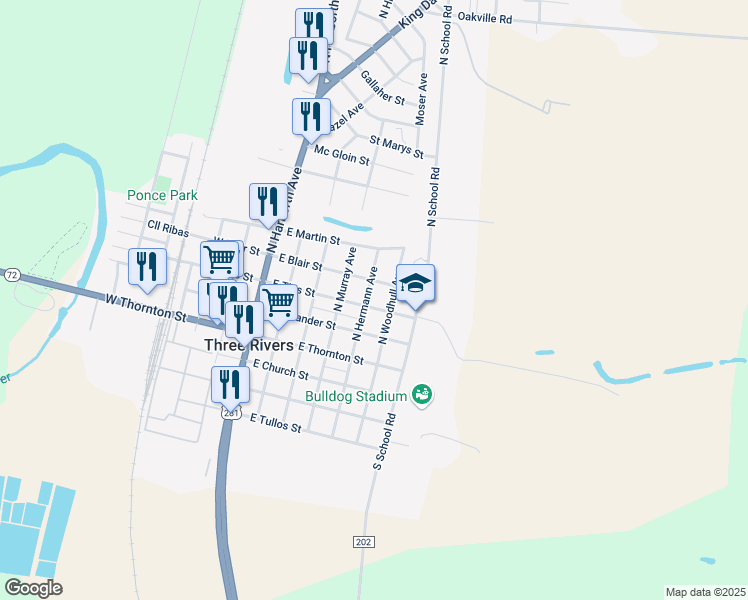 map of restaurants, bars, coffee shops, grocery stores, and more near 506 East Blair Street in Three Rivers