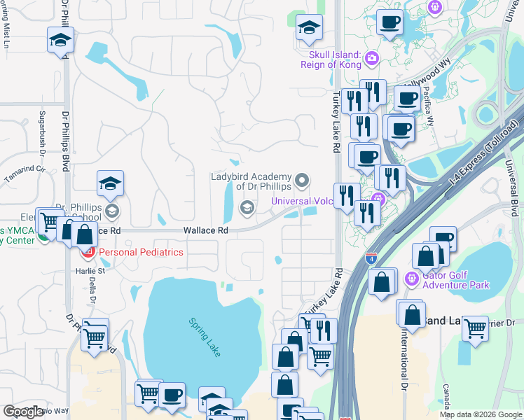 map of restaurants, bars, coffee shops, grocery stores, and more near 7111 Showcase Lane in Orlando