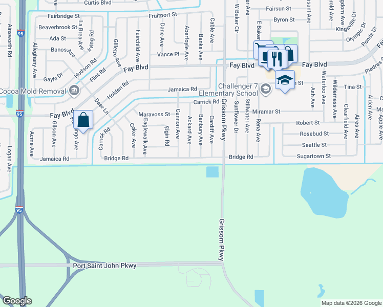 map of restaurants, bars, coffee shops, grocery stores, and more near 5932 Banbury Avenue in Cocoa