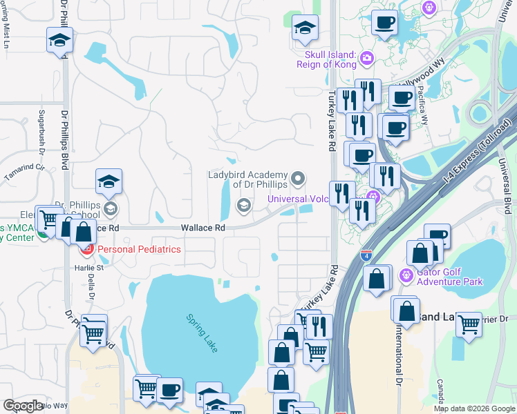 map of restaurants, bars, coffee shops, grocery stores, and more near 7111 Showcase Lane in Orlando