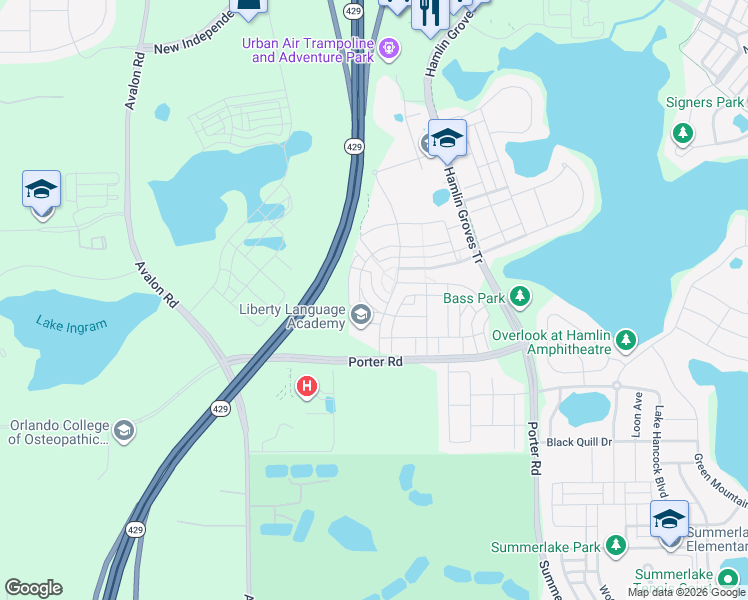 map of restaurants, bars, coffee shops, grocery stores, and more near 15453 Honeybell Drive in Winter Garden