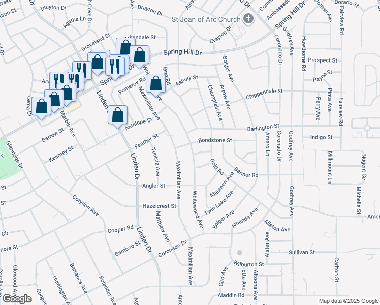 map of restaurants, bars, coffee shops, grocery stores, and more near 2079 Whitewood Avenue in Spring Hill