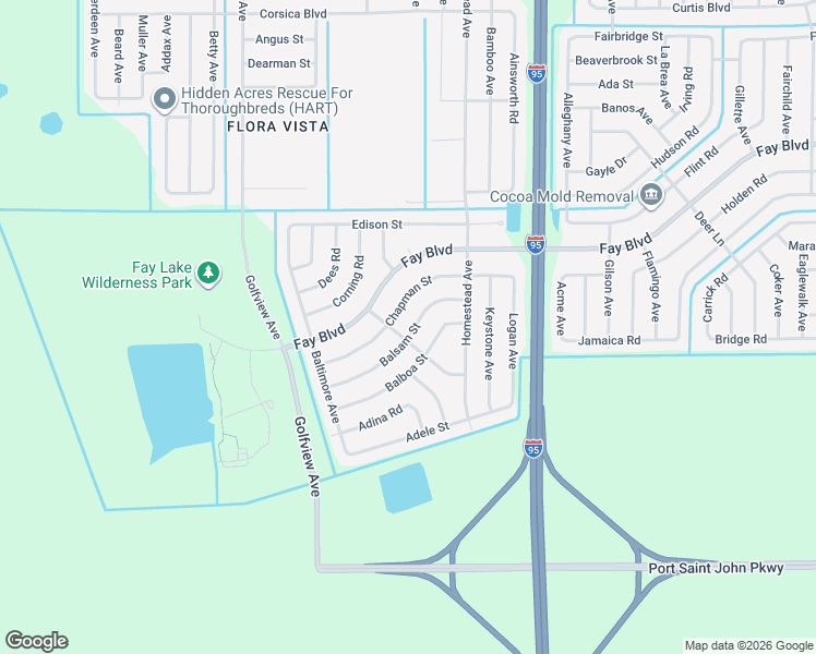 map of restaurants, bars, coffee shops, grocery stores, and more near 6098 Balsam Street in Cocoa