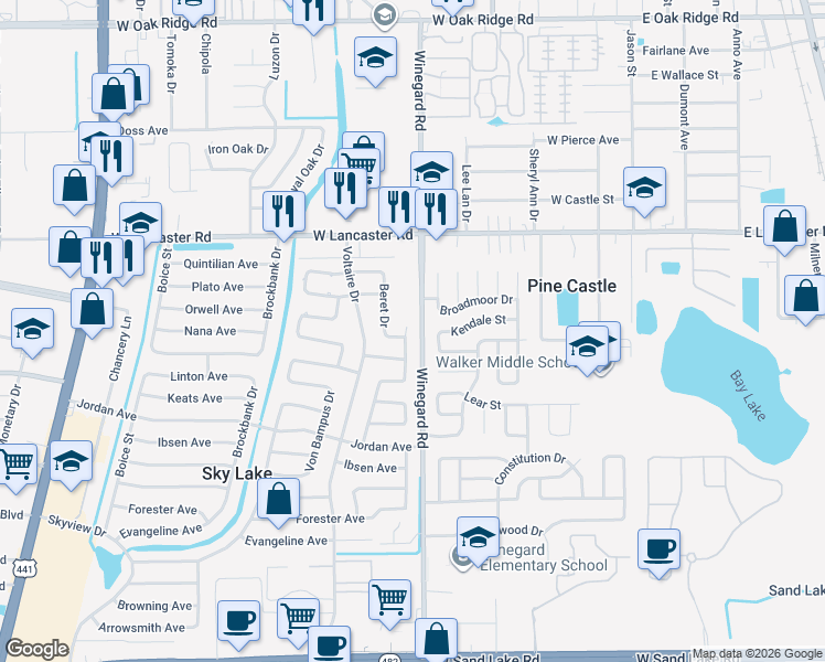 map of restaurants, bars, coffee shops, grocery stores, and more near 6703 Winegard Road in Orlando