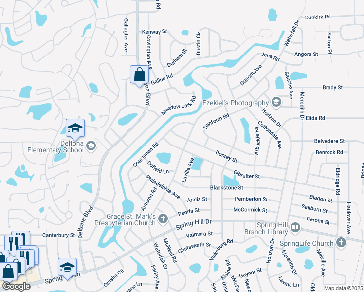 map of restaurants, bars, coffee shops, grocery stores, and more near 8365 Gibralter Street in Spring Hill