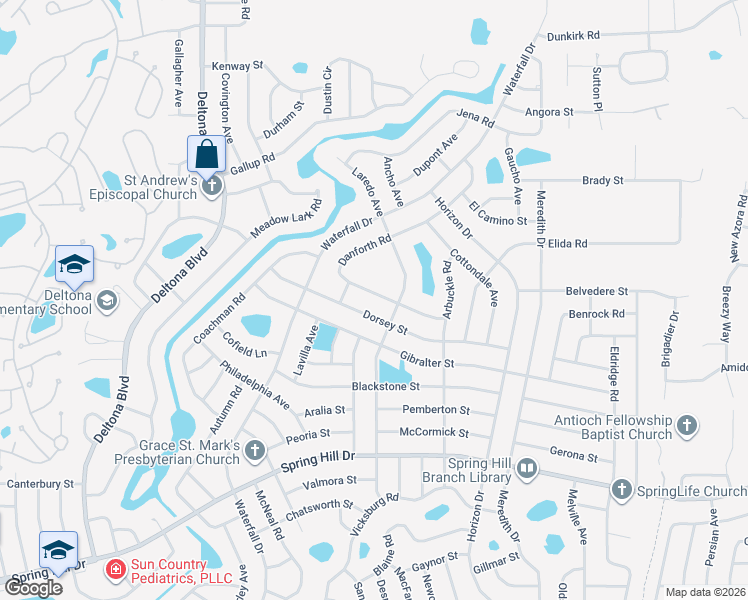 map of restaurants, bars, coffee shops, grocery stores, and more near 2160 Danforth Road in Spring Hill