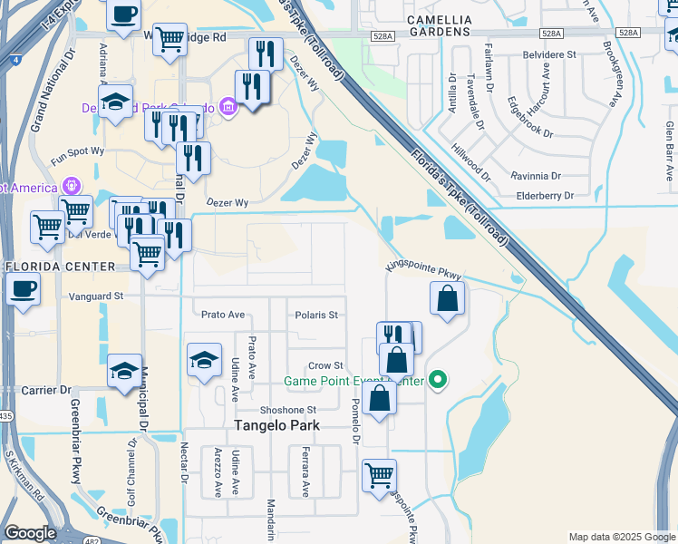 map of restaurants, bars, coffee shops, grocery stores, and more near 7312 Kingspointe Parkway in Orlando