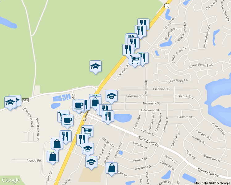 map of restaurants, bars, coffee shops, grocery stores, and more near 5505 Piedmont Drive in Spring Hill