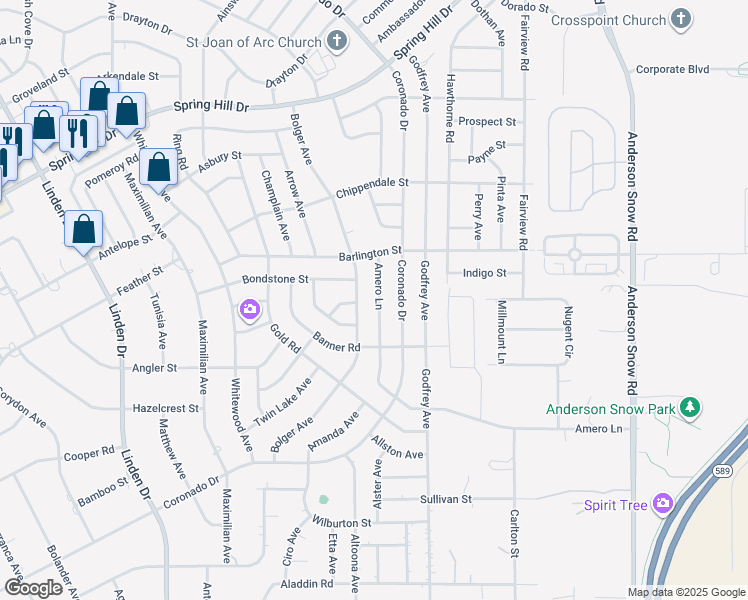 map of restaurants, bars, coffee shops, grocery stores, and more near 14030 Amero Lane in Spring Hill