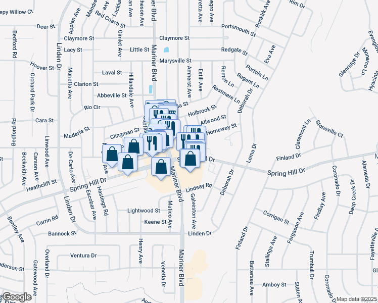 map of restaurants, bars, coffee shops, grocery stores, and more near 11145 Spring Hill Drive in Spring Hill