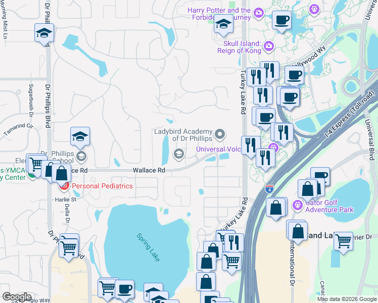 map of restaurants, bars, coffee shops, grocery stores, and more near 6969 Slaven Drive in Orlando