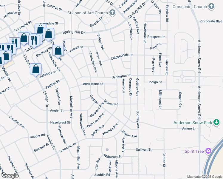 map of restaurants, bars, coffee shops, grocery stores, and more near 13459 Tune Lane in Spring Hill