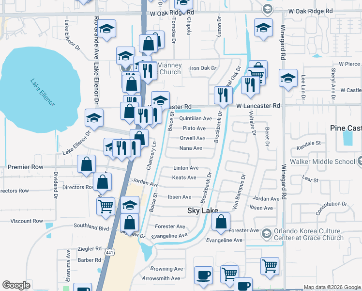 map of restaurants, bars, coffee shops, grocery stores, and more near 1118 Orwell Avenue in Orlando