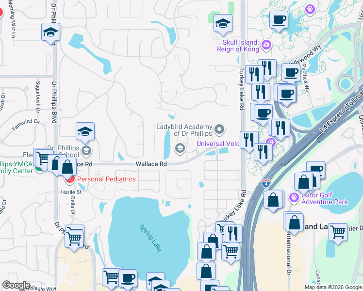 map of restaurants, bars, coffee shops, grocery stores, and more near 7111 Showcase Lane in Orlando