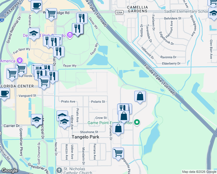 map of restaurants, bars, coffee shops, grocery stores, and more near 7312 Kingspointe Parkway in Orlando