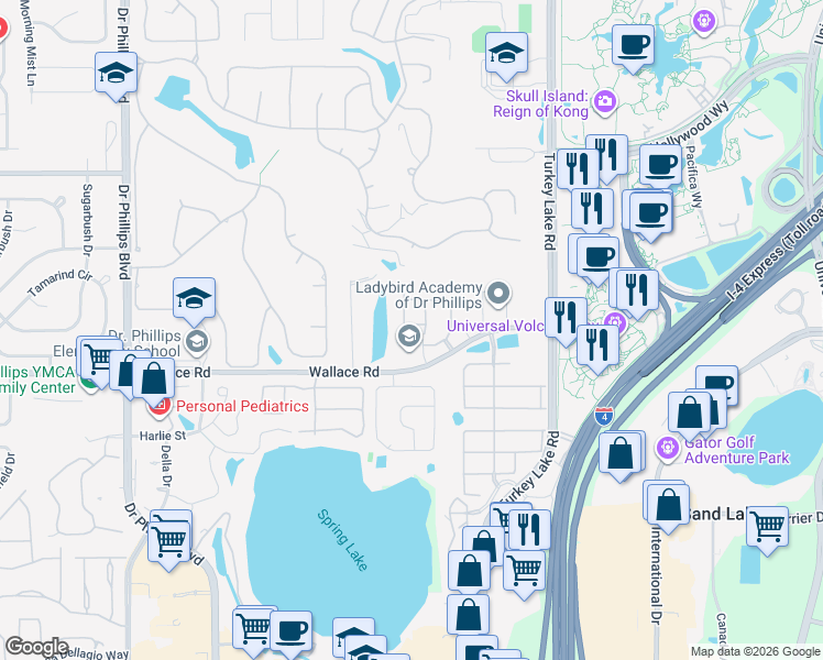 map of restaurants, bars, coffee shops, grocery stores, and more near 7111 Showcase Lane in Orlando