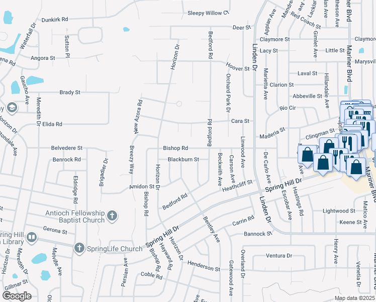 map of restaurants, bars, coffee shops, grocery stores, and more near 2216 Bishop Road in Spring Hill