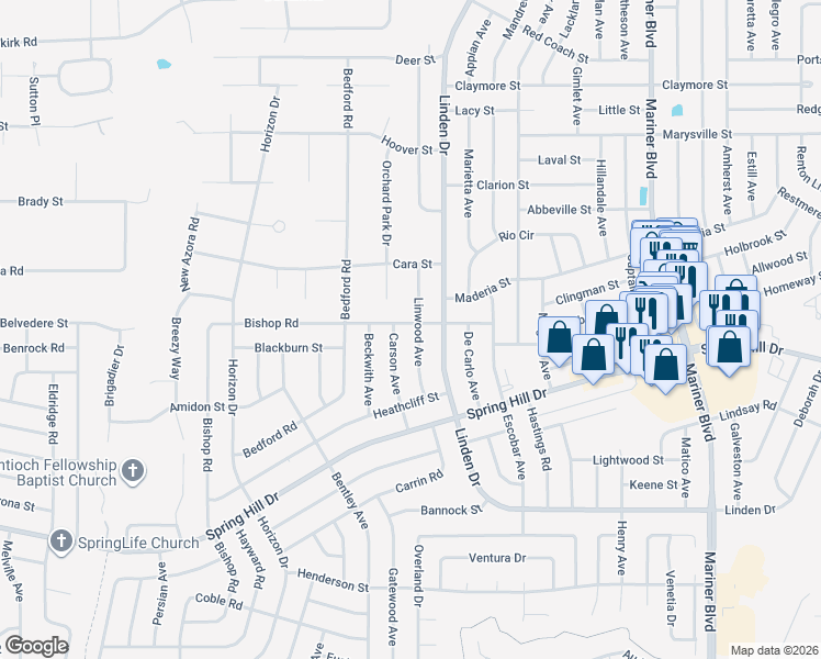 map of restaurants, bars, coffee shops, grocery stores, and more near 2089 Linwood Avenue in Spring Hill
