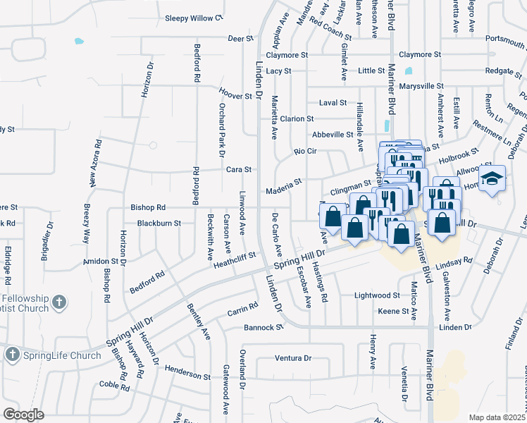 map of restaurants, bars, coffee shops, grocery stores, and more near 2400 Bishop Road in Spring Hill