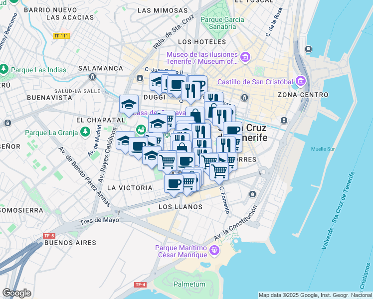 map of restaurants, bars, coffee shops, grocery stores, and more near 3 Avenida la Salle in Santa Cruz de Tenerife